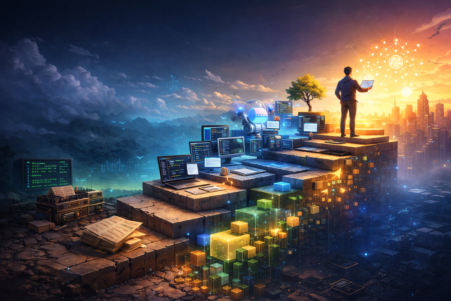 Abstract visualization of programming language evolution from assembly to AI